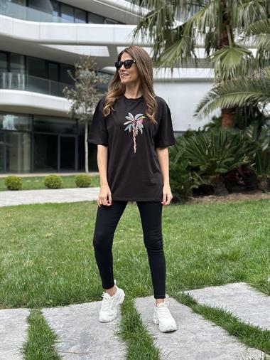 Siyah Palmiye Nakışlı Bisiklet Yaka Kadın T-Shirt