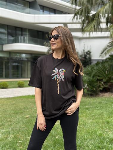 Siyah Palmiye Nakışlı Bisiklet Yaka Kadın T-Shirt