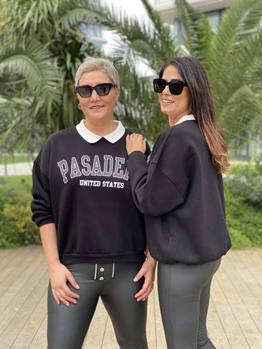 Siyah Pasadena Polo Yaka İki İplik Kadın Sweatshirt