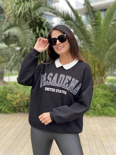 Siyah Pasadena Polo Yaka İki İplik Kadın Sweatshirt