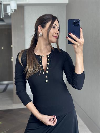 Siyah Çıtçıt Düğmeli Bisiklet Yaka Uzun Kol Kaşkorse Kadın Body