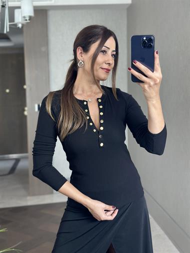 Siyah Çıtçıt Düğmeli Bisiklet Yaka Uzun Kol Kaşkorse Kadın Body