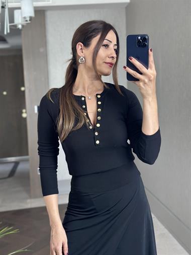 Siyah Çıtçıt Düğmeli Bisiklet Yaka Uzun Kol Kaşkorse Kadın Body