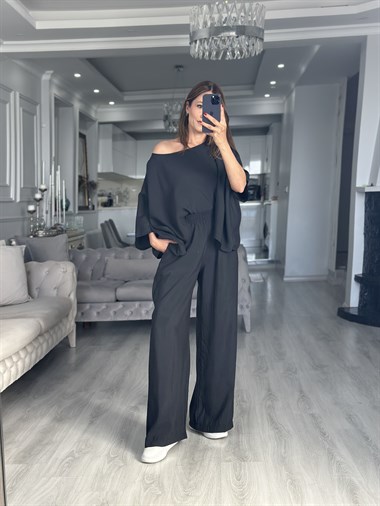 Siyah Pelerin Bluz Pantolon Kadın İkili Takım