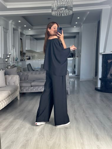 Siyah Pelerin Bluz Pantolon Kadın İkili Takım