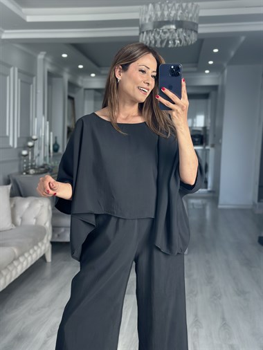 Siyah Pelerin Bluz Pantolon Kadın İkili Takım