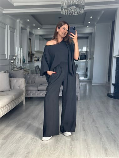 Siyah Pelerin Bluz Pantolon Kadın İkili Takım