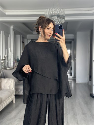 Siyah Pelerin Uçuşan Kadın Bluz