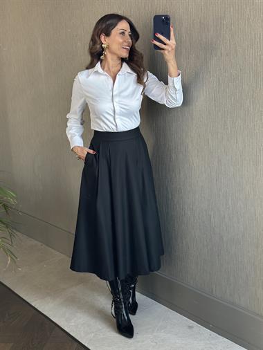 Siyah Pileli Arkası Fermuarlı Cepli Midi Boy Kadın Etek