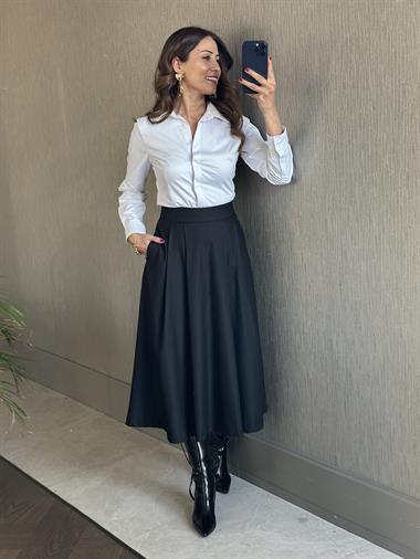 Siyah Pileli Arkası Fermuarlı Cepli Midi Boy Kadın Etek