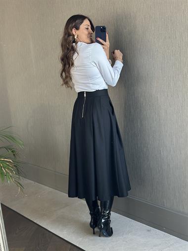 Siyah Pileli Arkası Fermuarlı Cepli Midi Boy Kadın Etek