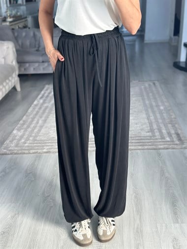 Siyah Pileli Bağcıklı Modal Kadın Şalvar Pantolon