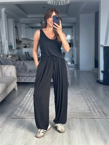 Siyah Pileli Bağcıklı Modal Kadın Şalvar Pantolon