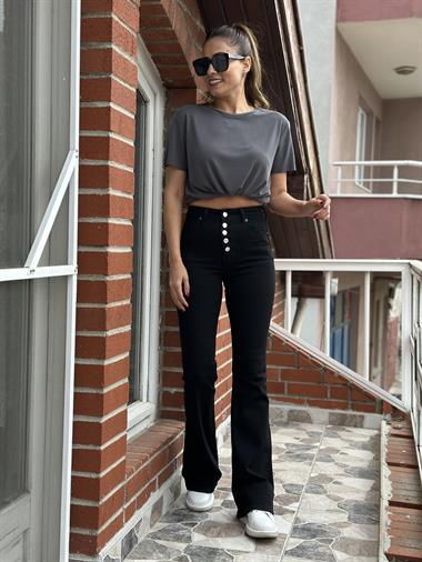 Siyah Poema Beş Düğmeli İspanyol Paça Kadın Jean