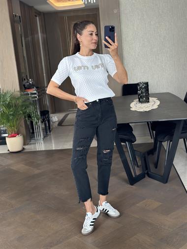 Siyah Poema Dizi Ve Paçası Yırtık  Kadın Mom Jean