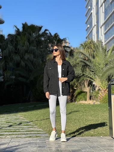 Siyah Poema Düğmeli Kot Kadın Ceket