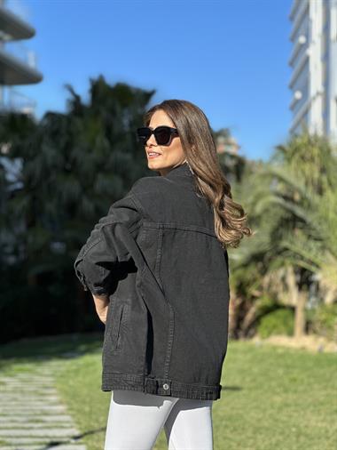 Siyah Poema Düğmeli Kot Kadın Ceket