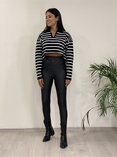Siyah Polo Yaka Çizgili Triko Kadın Kazak