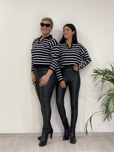 Siyah Polo Yaka Çizgili Triko Kadın Kazak