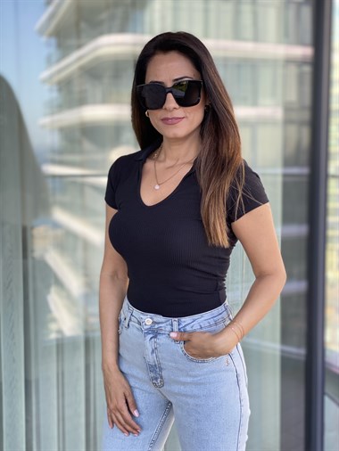 Siyah  Polo Yaka Kısa Kol Fitilli Body 