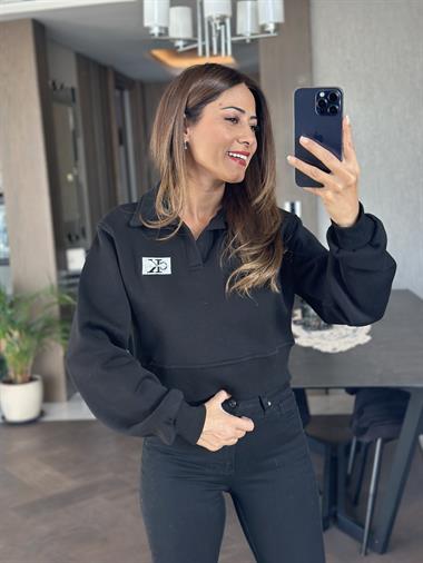 Siyah Polo Yaka CK Model  Crop Kadın Sweatshirt