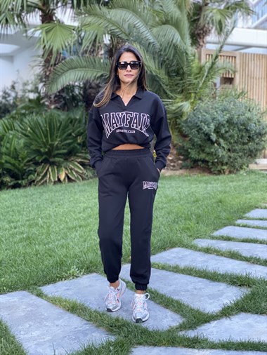 Siyah Polo Yaka Mayfair Baskılı Kadın Eşofman Takımı