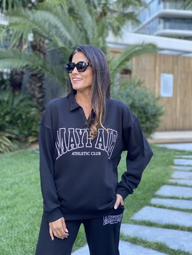 Siyah Polo Yaka Mayfair Baskılı Kadın Eşofman Takımı