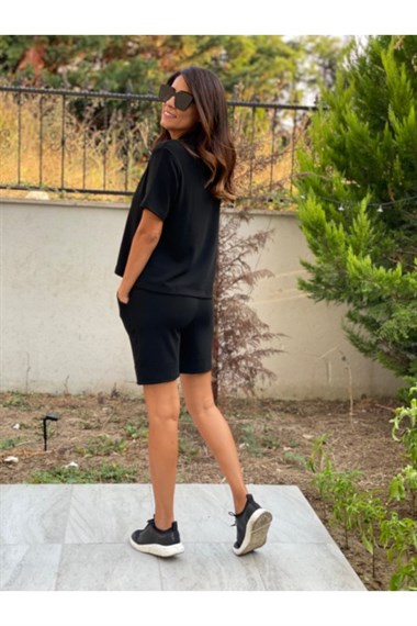 Siyah Polo Yaka Merserize Şortlu Takım