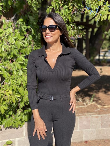 Siyah Polo Yaka Uzun Kol Fitilli Kaşkorse Kadın Body