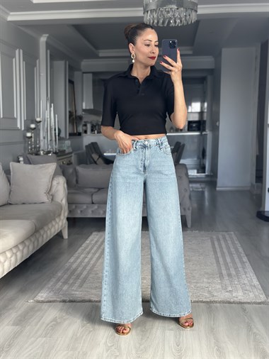 Siyah Polo Yaka Vatkalı Kadın Crop T-Shirt