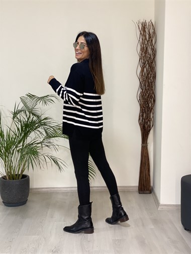 Siyah Polo Yaka Yarım Fermuarlı Çizgili Kadın Kazak