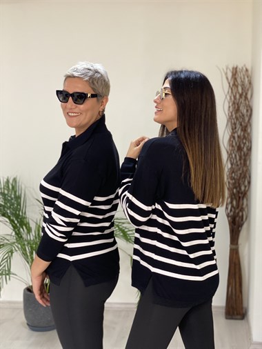 Siyah Polo Yaka Yarım Fermuarlı Çizgili Kadın Kazak