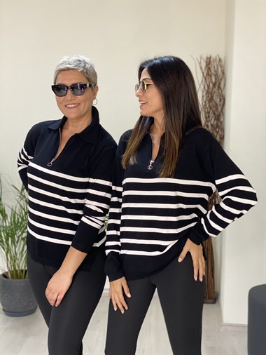 Siyah Polo Yaka Yarım Fermuarlı Çizgili Kadın Kazak