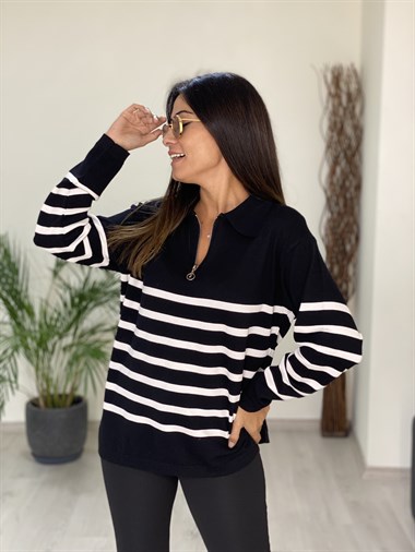 Siyah Polo Yaka Yarım Fermuarlı Çizgili Kadın Kazak