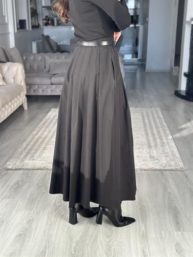 Siyah Poplin Kumaş Cepli Midi Boy Kadın Etek