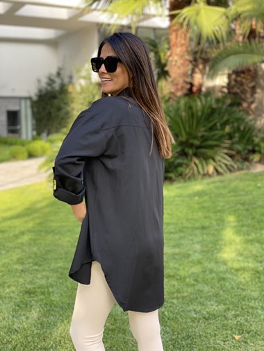 Siyah Poplin Tek Cepli Tunik Kadın Gömlek