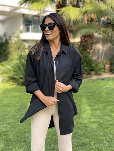 Siyah Poplin Tek Cepli Tunik Kadın Gömlek