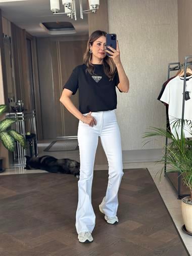 Siyah Prd Üçgen Logolu Bisiklet Yaka Kadın T-Shirt