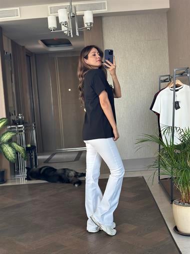 Siyah Prd Üçgen Logolu Bisiklet Yaka Kadın T-Shirt