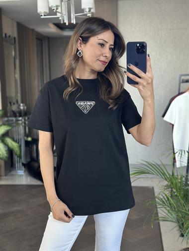 Siyah Prd Üçgen Logolu Bisiklet Yaka Kadın T-Shirt