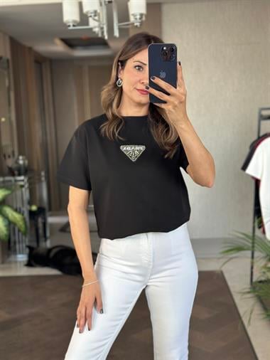 Siyah Prd Üçgen Logolu Bisiklet Yaka Kadın T-Shirt