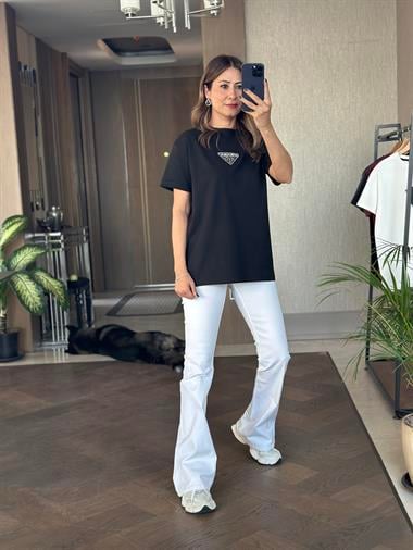 Siyah Prd Üçgen Logolu Bisiklet Yaka Kadın T-Shirt