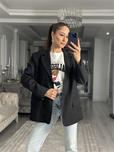 Siyah Premium Blazer Düğmeli Kadın Ceket