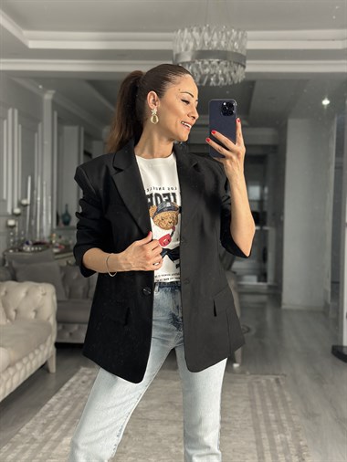 Siyah Premium Blazer Düğmeli Kadın Ceket
