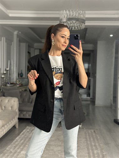 Siyah Premium Blazer Düğmeli Kadın Ceket