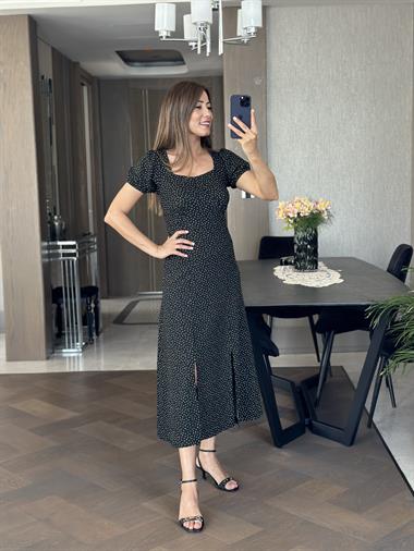 Siyah Prenses Kol Minik Puantiyeli Yırtmaçlı Bürümcük Kadın Elbise