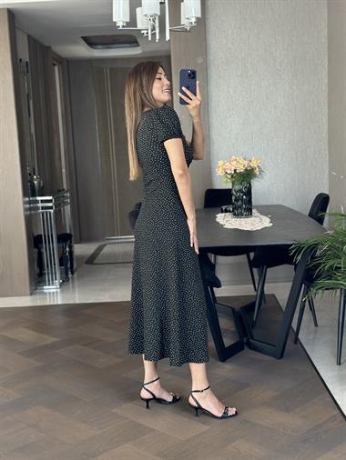 Siyah Prenses Kol Minik Puantiyeli Yırtmaçlı Bürümcük Kadın Elbise