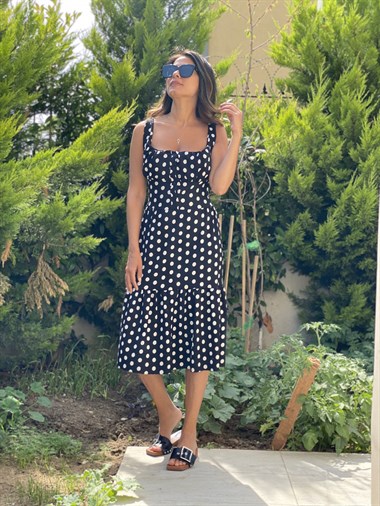 Siyah Puantiye Askılı Bürümcük Kadın Elbise