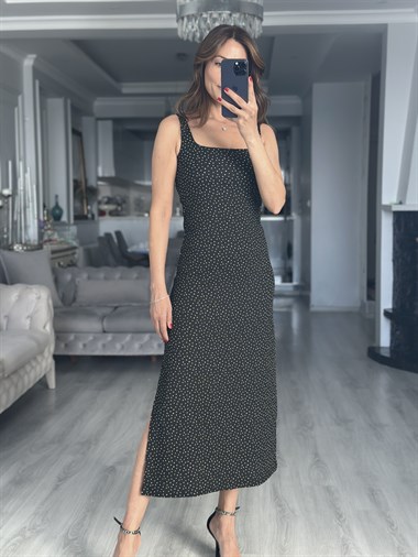 Siyah Puantiye Desen Askılı Yırtmaçlı Midi Boy Kadın Elbise 