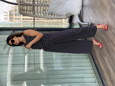 Siyah Puantiye Desen Sıfır Kol Beli Lastikli Kadın Tulum